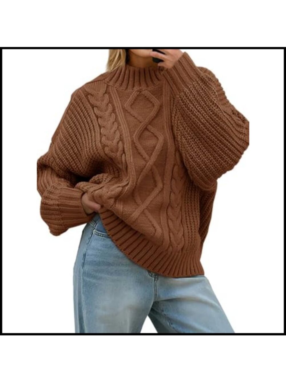 Oversized Cable Knit Button Mock Neck Turtleneck Pullover Sweater